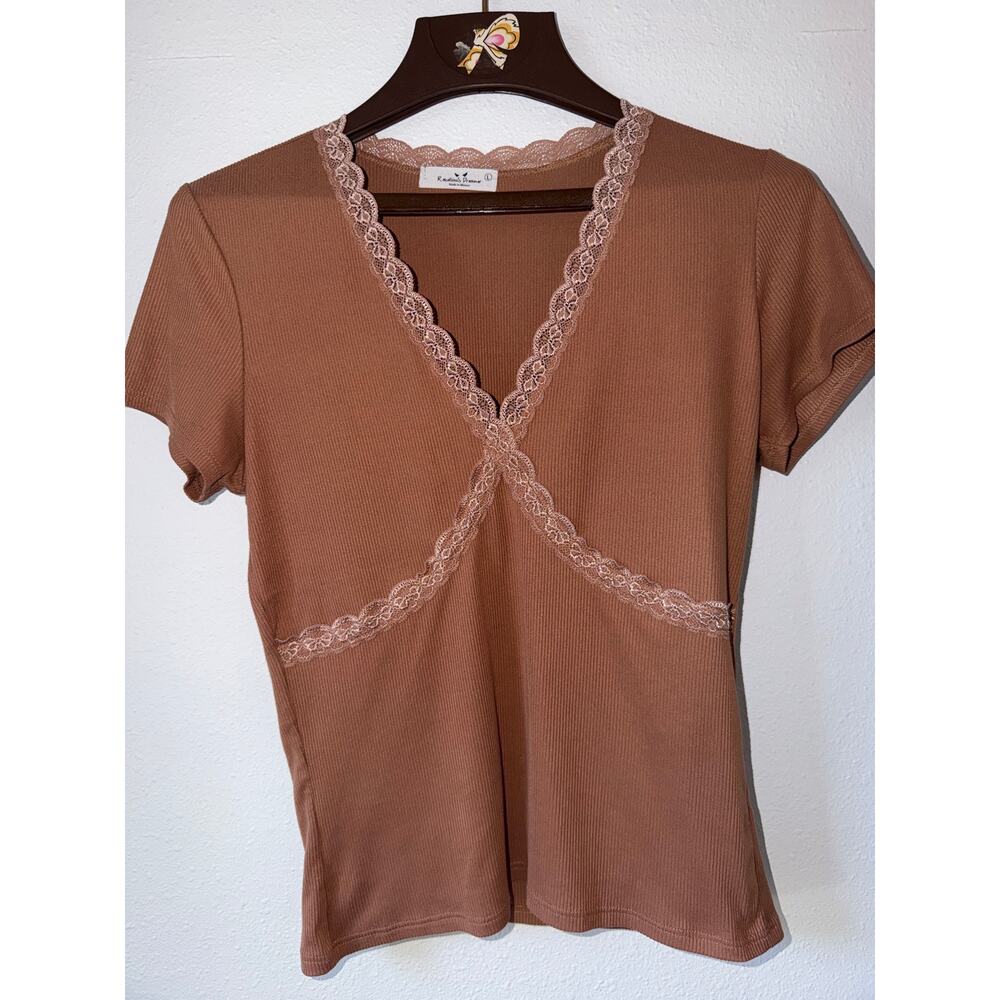 Y2K Baby Doll Top Lace Trim Ribbed Dusty Rose V-Neck Romantic Short Sleeve Large